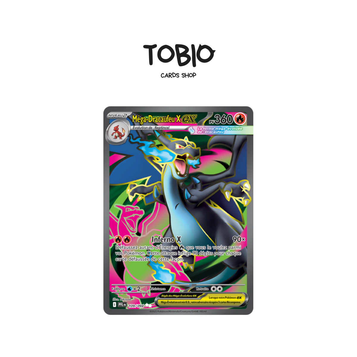Carte Pokémon Méga-Dracaufeu X ex Full Art 109/094 issue de l'extension Méga-Évolution – Flammes Fantasmagoriques