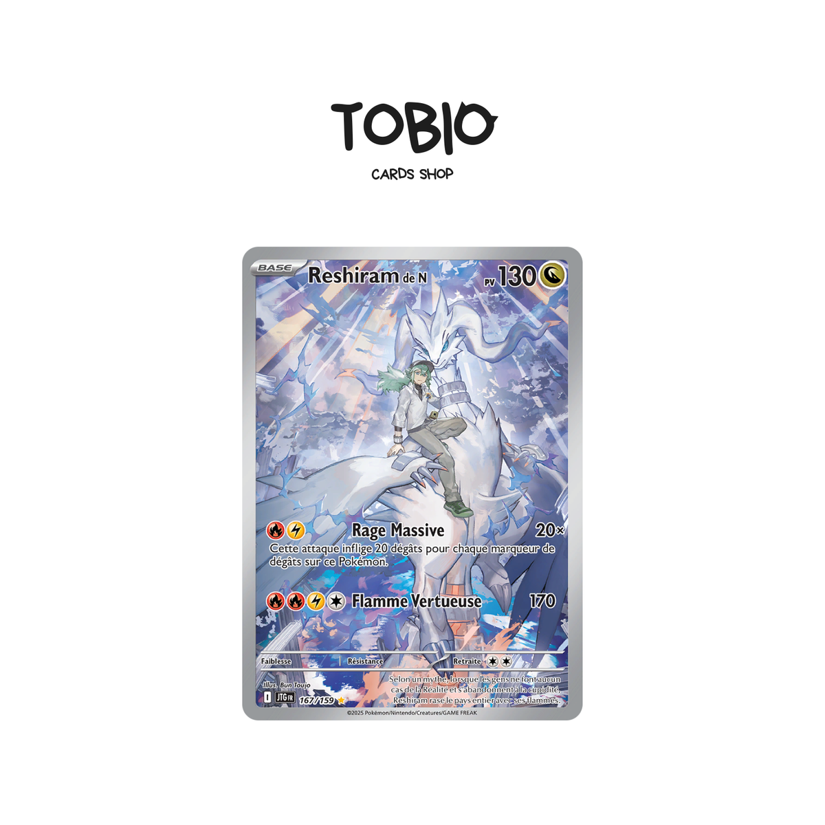 Carte Pokémon Reshiram de N AR 167/159 illustration alternative issue de l'extension Écarlate et Violet – Aventures Ensemble (EV09)