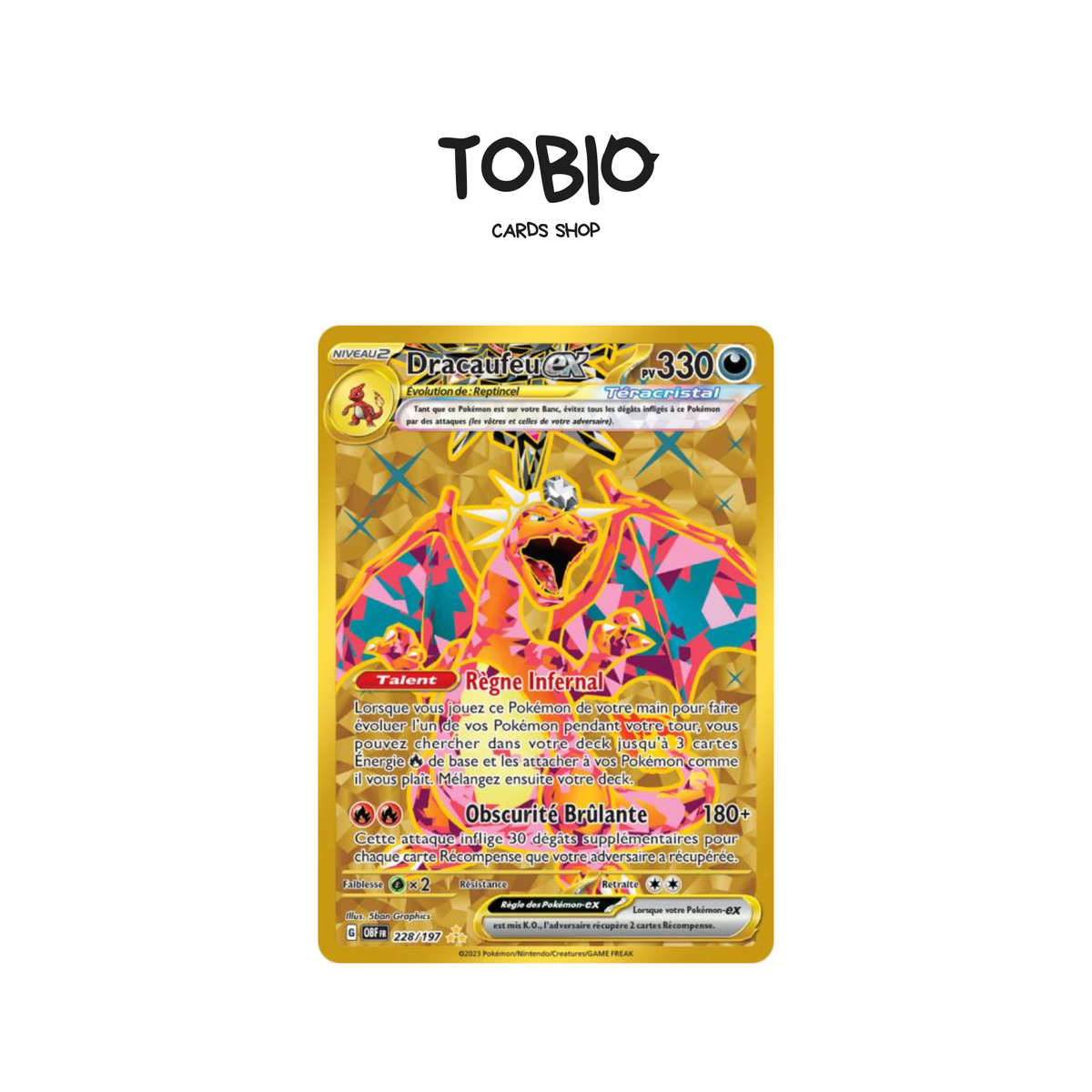 Carte Pokémon française Dracaufeu ex Gold 228/197 du set Flammes Obsidiennes
