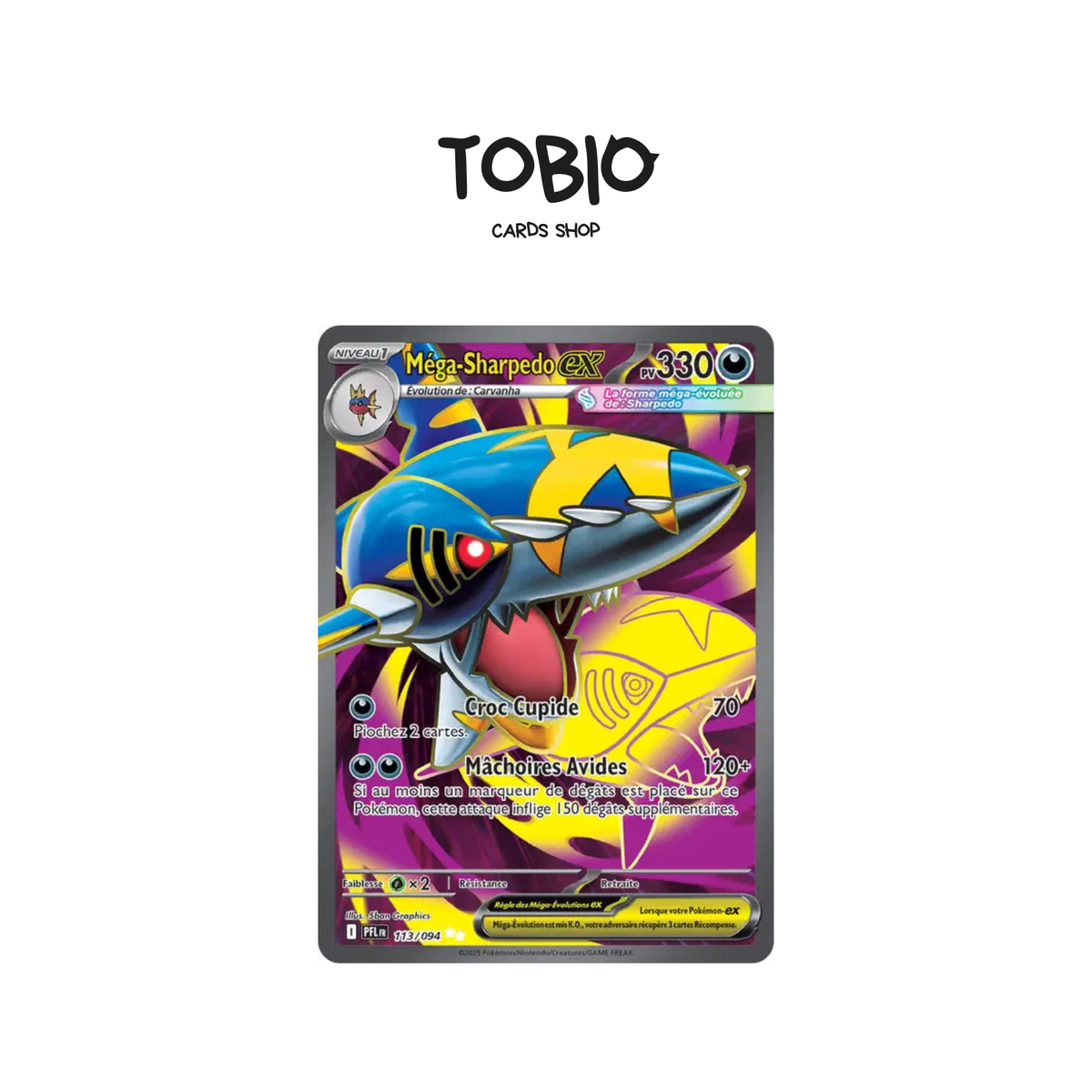 Carte Pokémon française Méga-Sharpedo ex Full Art 113/094 du set Flammes Fantasmagoriques